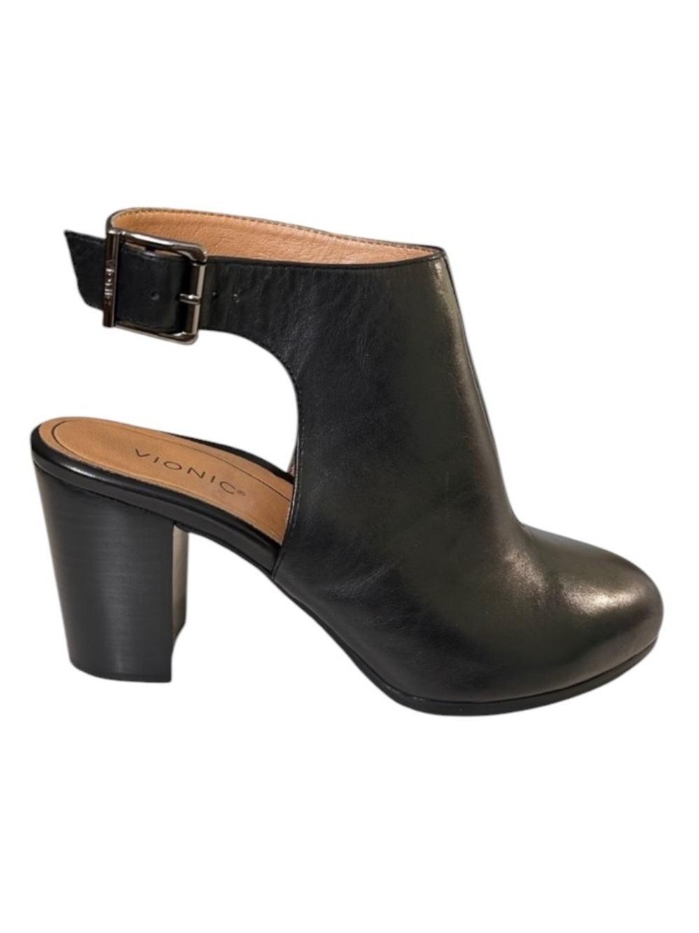 Vionic Lacey Ankle Boots Clogs Open Heel Black Leather Block Heels Size 9 Wide